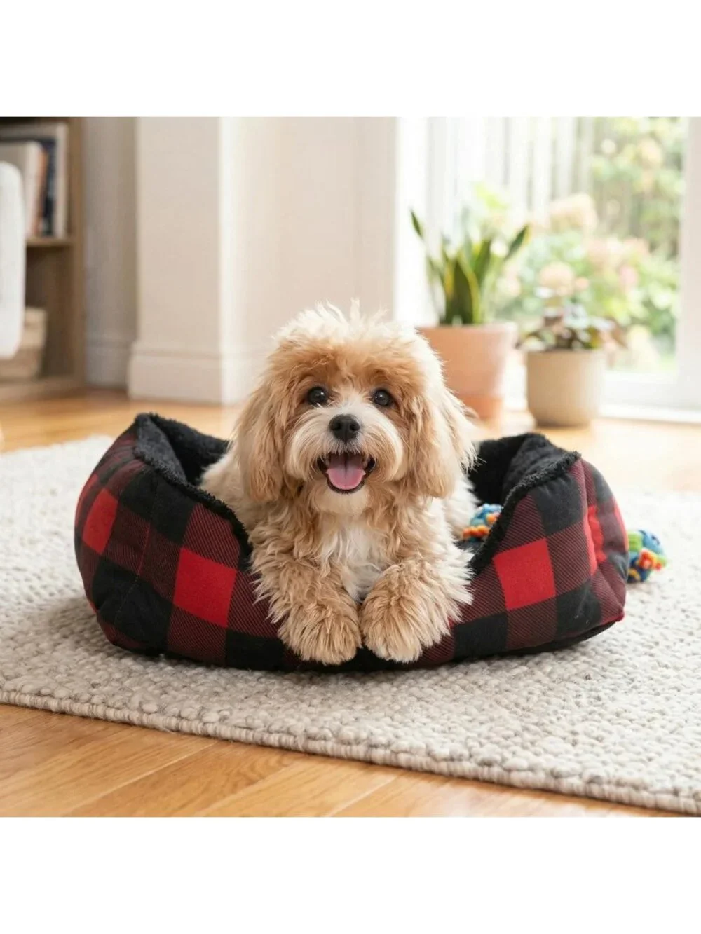 Cozy Self-Warming Flannel Pet Bed for Dogs & Cats - Red Checkered Plush Design